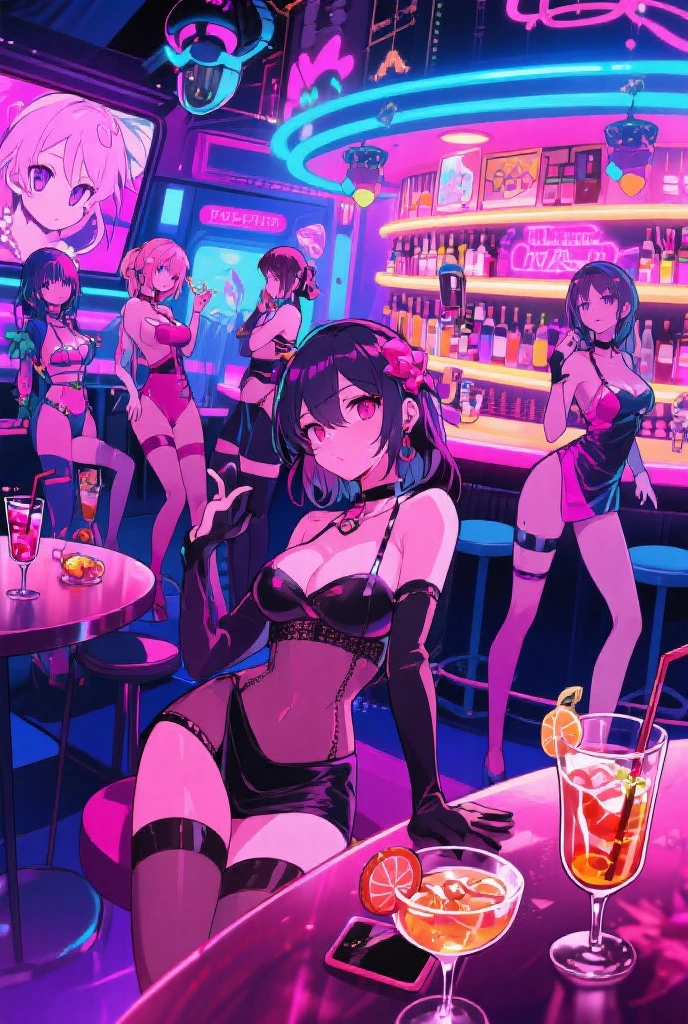 3girls 、(Blackskin and Brown Skin and Whiteskin Gyarus:1.5, Random gyaru), Chilarism、(nightclub:1.5, nightclub lady:1.2, Nightlounge:1.2, lounge girls:1.3, neon Light and Dark)、Upper body portrait、drink alcohol、Drunkards、Fun atmosphere、sexy lady、Sit on the big red sofa、Night dress、split dress、Sequin dress、