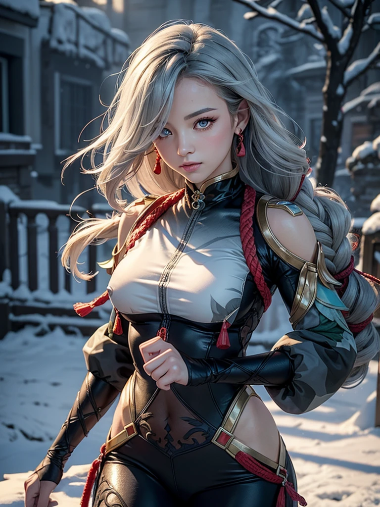 shenhedef, upper body, seductive look, blush, outdoors, snowflake scenery, looking at viewer, cloudy, moody lighting, (perfect detail eyes:1.2), glowing eyes, (long hair one braid:1.2), elemental skill effect, (Masterpiece, Best Quality, High Quality:1.4), professional artwork, Intricate Details, field of view, sharp focus, detailed painting, photorealistic lighting, trending on pixiv, (vivid lighting, vibrant colors:1.05), realistic shadows, ambient occlusion, (athletic body:1.3), mature woman, 30yo,
