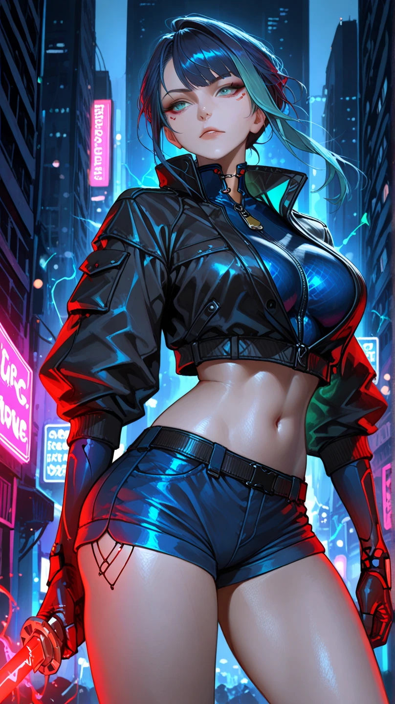 8k, detailed eyes, (full body shot:1.2), (skinny body:1.2), androgynous body, (hands behind her back:1.2), seductive pose, (looking at viewer, vector photography, young teen, beautiful eyes, realistic lighting, detailed outfit, realistic facial features, hyper detail), (very short hair:1.3), short disheveled hair, ahoge, glasses, (perfect small breast:1.4), micro black tight shorts, torn fishnet stocking, high leather boots on a massive platform, (very loose sweater:1.3), (cropped assimetrical knitted sweater with large neckline:1.3), eyelashes, resembles a sex doll, morning cityscape, (yellow eyes:1.2), (dark blue hair:1.3), (huge ahoge:1.2)