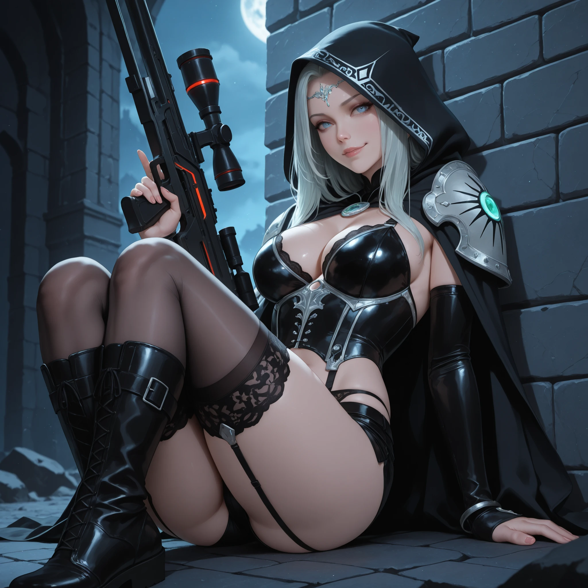 ((Sit reclined on couch))((The baroness from G.I.joe animated series)) ((beautiful face)) (red lips) (glasses) ((very long black hairstyle)) ((very huge breasts) (perfect slim body) ((wears black tiny string black thong)) ((choker, cobra logo)) ((posing sexy inside firearms armory on military base) (high definition, dynamic lights and shadows) ((masterpiece)) (8k) (perfect face) (best quality) (perfect hands)