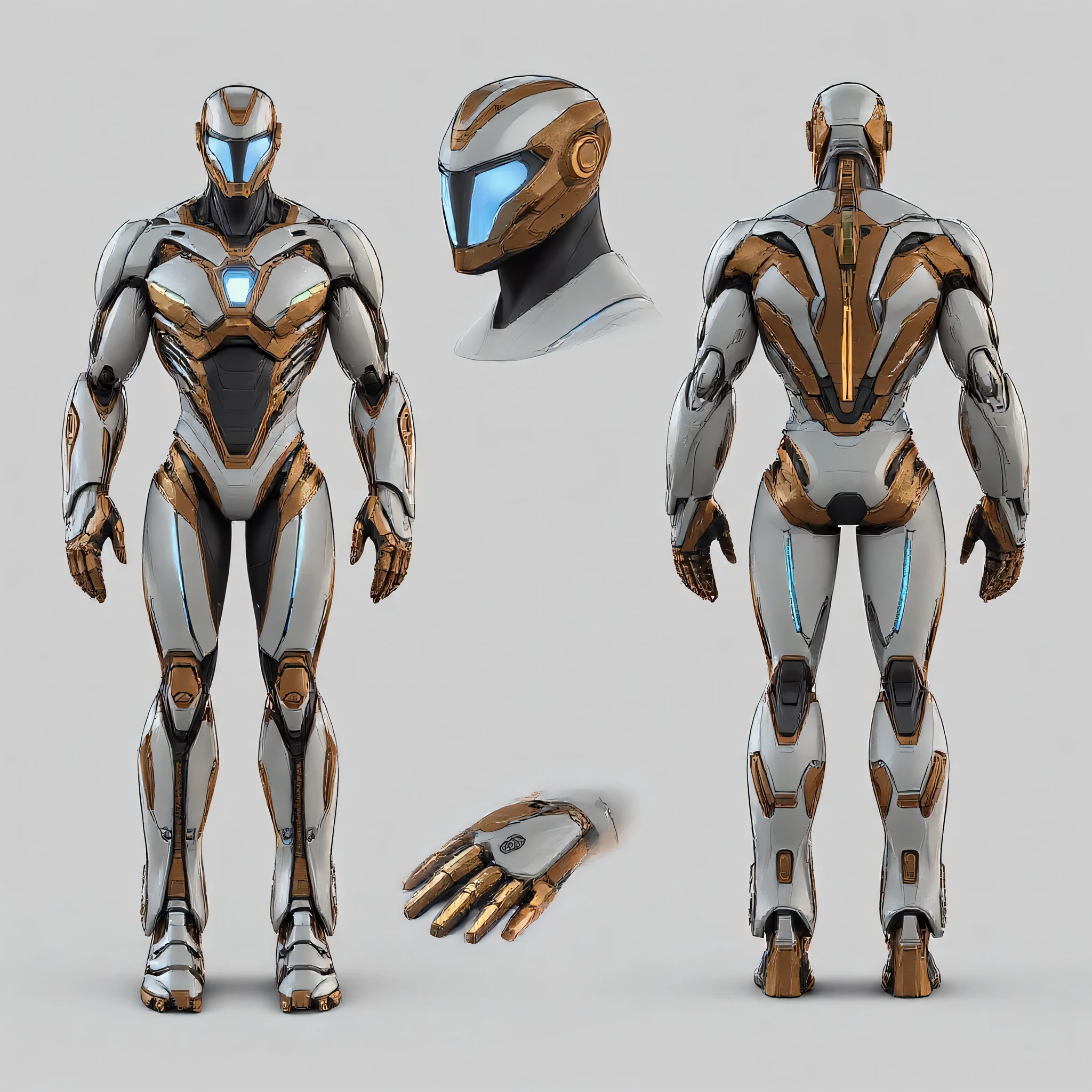 A futuristic, highly detailed, realistic sci-fi powered exosuit armor, made with sleek titanium-aluminum-carbon fiber material inspired from ironman, armor colour is white, red and gold, featuring a glowing blue lotus-shaped arc reactor at the chest. The armor is slim, powerful, and aerodynamic, with smooth mechanical muscle design across arms and legs. The suit has hidden plasma jet thrusters embedded in the back and boots for flight, and small palm thrusters for stabilization. The helmet is aggressive and sharp, more futuristic, with glowing blue eyes. The overall aesthetic is clean, lightweight, and built for real-world functionality. The armor shines under soft lighting, showcasing metallic textures and subtle blue energy veins running through the suit. Ultra-realistic, cinematic lighting, full-body portrait, front view. White background 