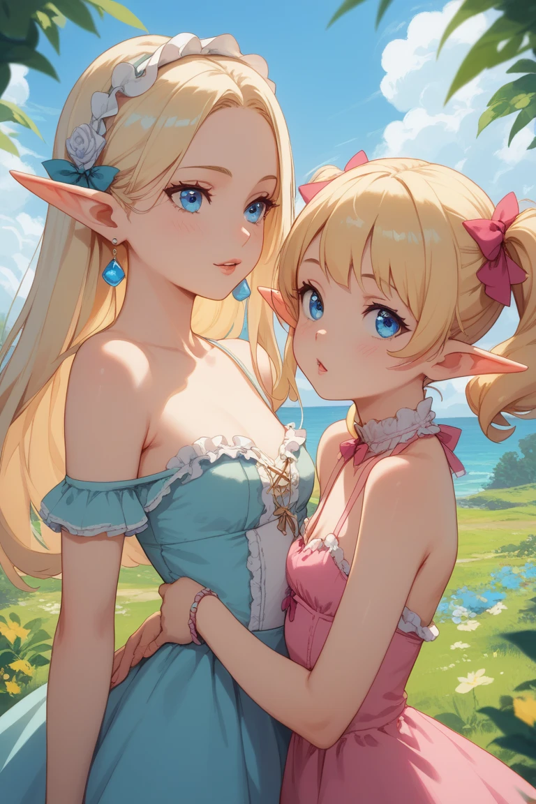 1 girl, Beautiful elf lady, blonde Long straight hair, upturn elf pointy ears, sexy figure, hot body, very beautiful face, detailed face, delicate eyes, detailed pupil, beautiful and delicate lips, blush, shy, heart, in love, white camisole long skirt, Simple and stylish, small crystal earrings, hand drawn animation, high detailed, outdoor, symmetrical clothes, best quality, masterpiece, retina,