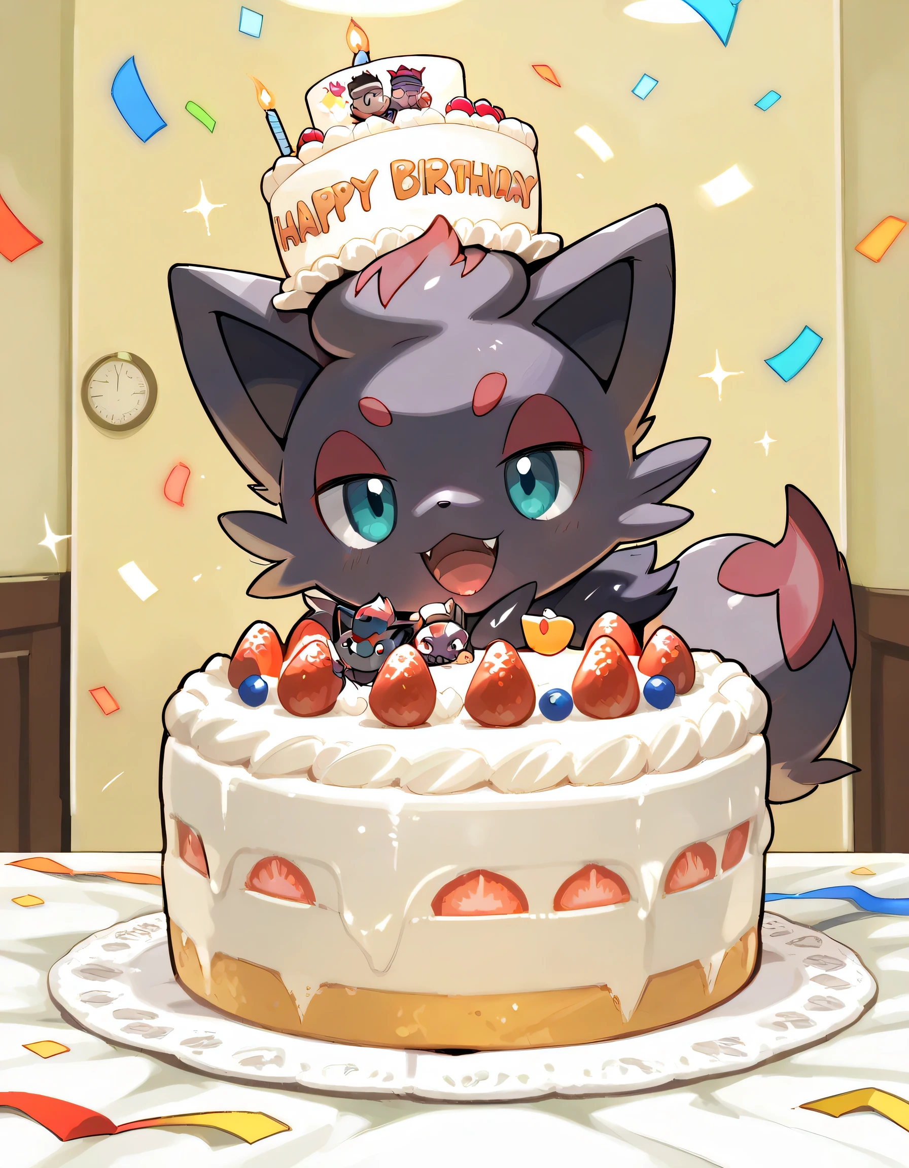 dynamic angle,dynamic happy pose,(chibi Zorua(pokemon)),Zorua's birthday party,(birthdaycake on the table),(birthdaycake hat), crackers, (confetti)+, celebratory, The antique and stylish rooms,soft lineart, antique my cute room background,memorial shot