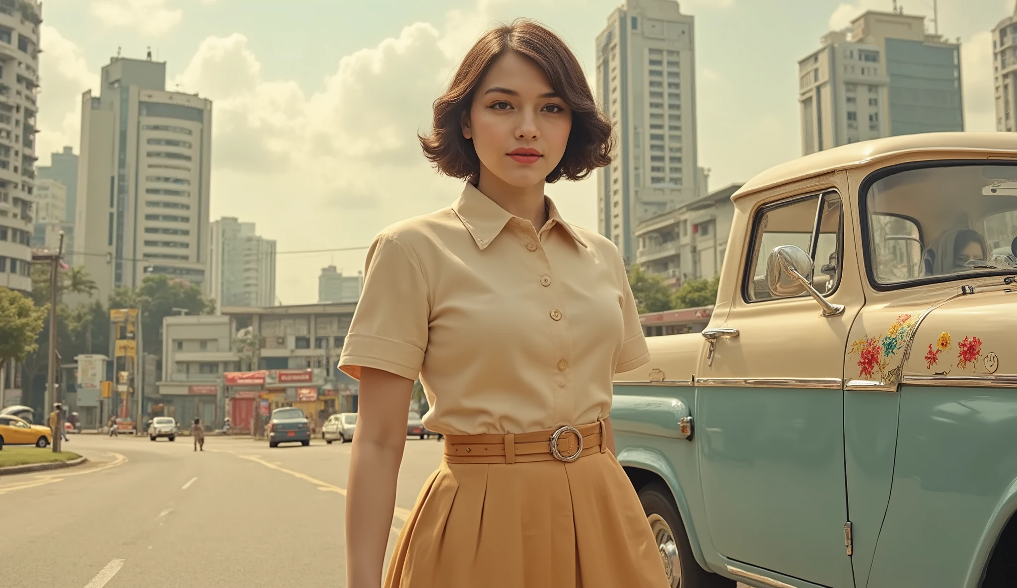 Set in the city of Jakarta in the 1950s. Young woman in 1950s-inspired clothing walks past a pickup truck Mitsubishi L300; Caucasian woman, 20-25 years old, short brown hair, fair skin; pale complexion; wearing a beige button-down shirt, fitted, with a gold/bronze pleated midi skirt, gold/bronze belt; light gold color; confident pose; upright posture, looking straight ahead; urban setting, modern city skyline, mid-century modern style; light blue and pastel beige pickup truck, decorative floral motif; large, stylish modern skyscrapers in the background; bright golden sunlight; soft, filtered light; paved city street, light gray/beige; focal point: woman; camera angle: medium range, slightly tilted; vintage, retro style; dreamy, optimistic mood. 4k, HDR