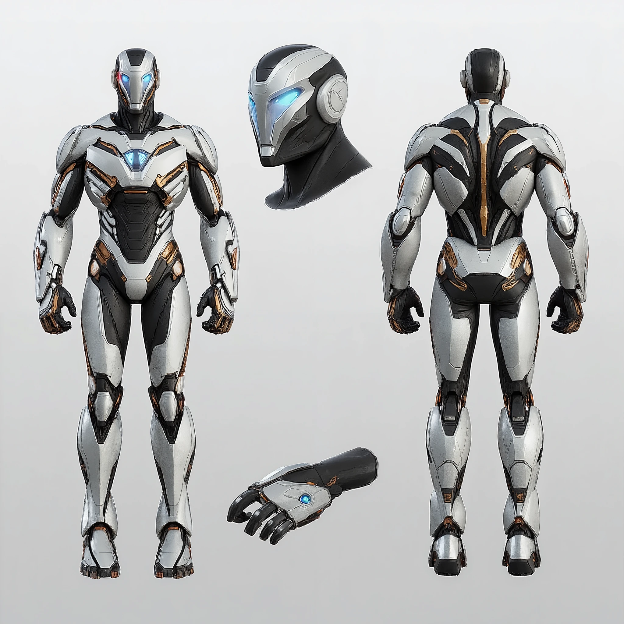A futuristic, highly detailed, realistic sci-fi powered exosuit armor, made with sleek titanium-aluminum-carbon fiber material inspired from ironman, armor colour is white, red and gold, featuring a glowing blue lotus-shaped arc reactor at the chest. The armor is slim, powerful, and aerodynamic, with smooth mechanical muscle design across arms and legs. The suit has hidden plasma jet thrusters embedded in the back and boots for flight, and small palm thrusters for stabilization. The helmet is aggressive and sharp, more futuristic, with glowing blue eyes. The overall aesthetic is clean, lightweight, and built for real-world functionality. The armor shines under soft lighting, showcasing metallic textures and subtle blue energy veins running through the suit. Ultra-realistic, cinematic lighting, full-body portrait, front view. White background