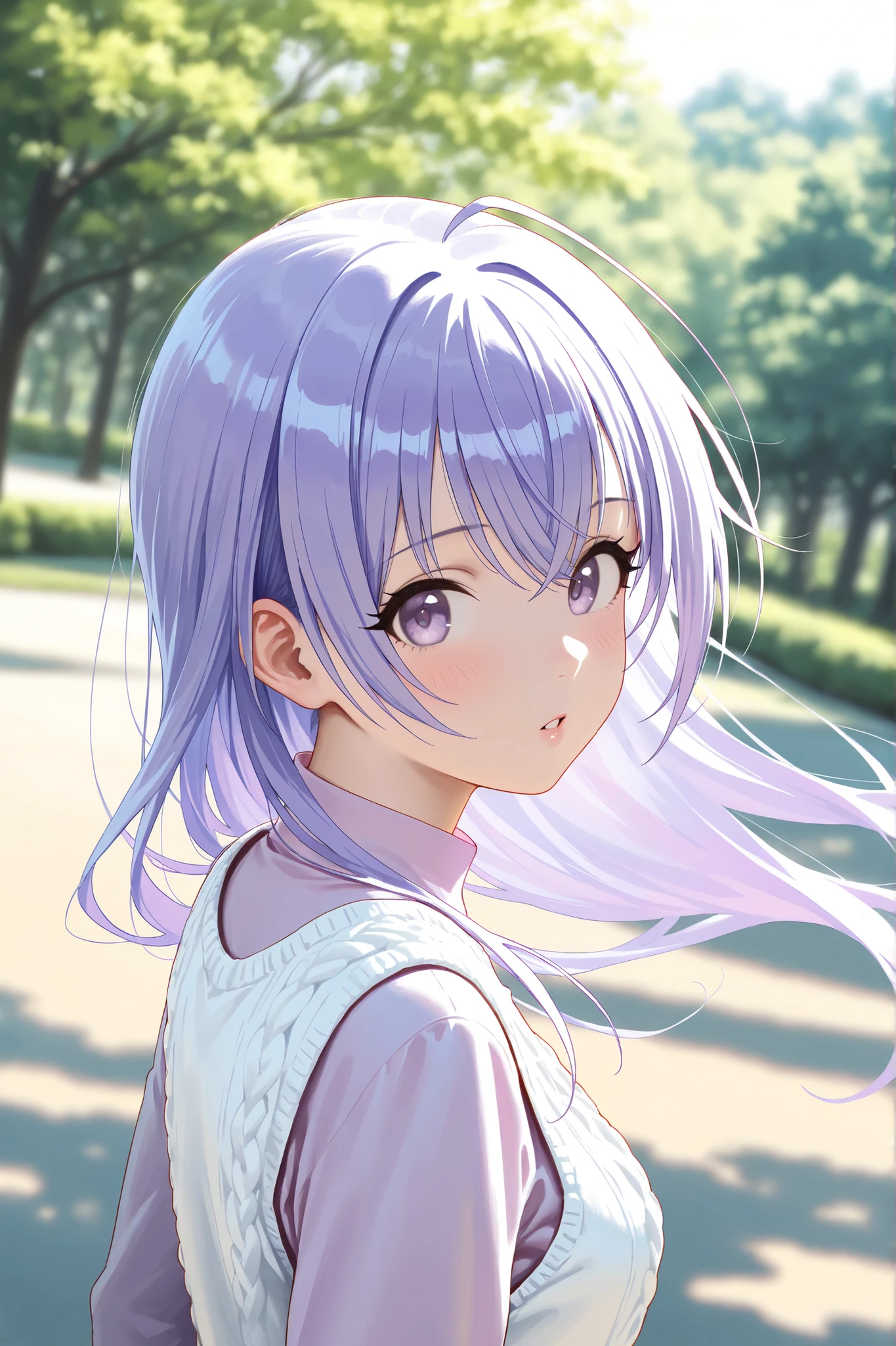(Masterpiece), (Highest quality), (Very detailed),
(The best shape), (Best Shadow), (Absurd),
(Detailed background), (So beautiful), Shiny ,
Extraordinary, Countershading, 8k, 32K, High resolution, Beautiful eyes in every detail,
Very Detailed CG, UHD,
Score_9, Score_8_up, Score_7_up, Source_anime,
(Pastel painting:1.2), (Watercolor painting:1.2),
(Masterpiece, Detailed:1.2), (Foreshortening:1.2),
Cinematic, Dramatic, (Depth of field:1.4),
(Blurry background:1.4), (Realistic background:1.4),
(Foreshortening:1.3),Dynamic angle, 1 girl,
Outdoor, Nature, Park, Wind,
Suzuki Hana,
The idolmaster shiny colors,
hana suzuki, purple hair, purple eyes, long hair,
(Casual wear:1.3),
vest, white vest, Wool knit vest,
(High neck shirt:1.1), light purple shirt, long sleeves shirt,
portrait, Focus on face, close up shot,
(Blush:1.3), parted lips, looking at viewer,
looking back,
Realistic skin, Shiny skin,