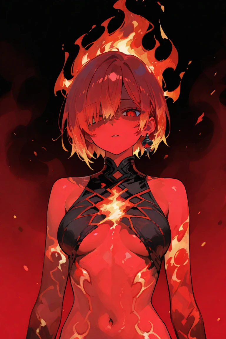 ager, fire spirit, flame hair, fiery fire eyes, beautiful smile, fantasy anime style, bright yellow complexion, dragon neck tattoo, black atmosphere, shorts, shy,