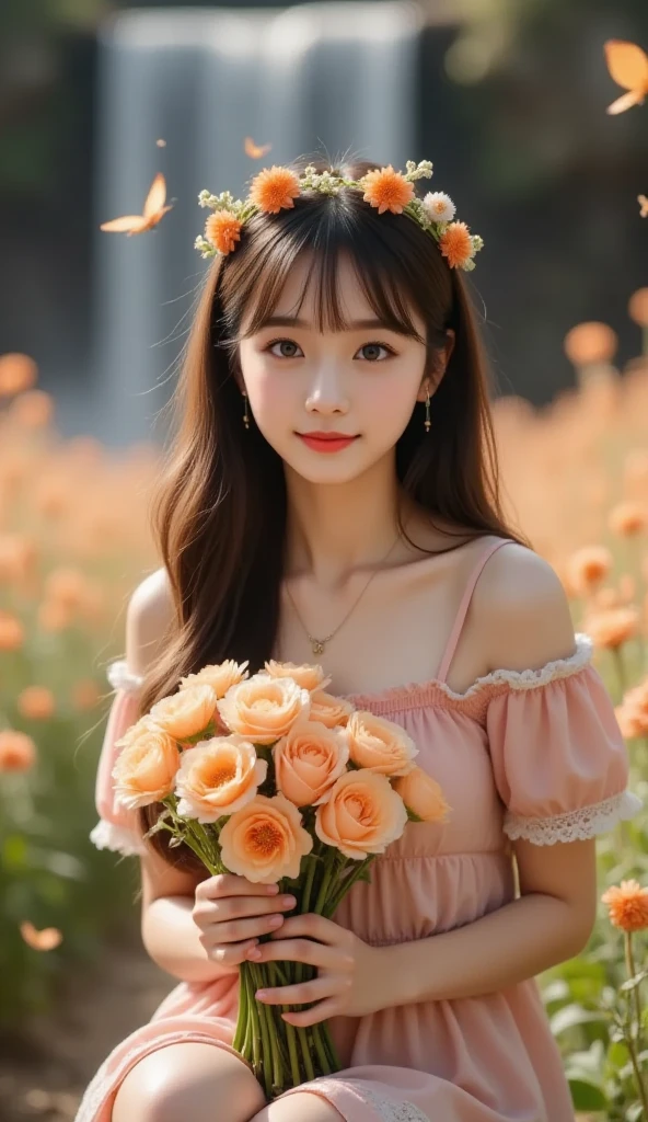 gadis jelita, (girl:1.2),alone, (long pink curly hair:1.1), brown eyes, Wearing a daisy wreath on your head, Sit in a flower park, (fruit basket:1.1), wearing white kebaya,,raw,photographic,photo shadows,actual,Ridiculous,Aesthetic,elegant, blur background