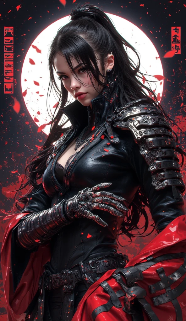 (RAW photo, 4K, realistic, exquisitely detailed skin), masterpiece, best quality, official art, unity 8k wallpaper, ultra detailed,(dark scene,low key,soft lighting), cinematic look,high saturation,best anatomy,volumetric Fog,
a samurai girl, slim body, cowboy shot,
1girl,weapon,sword,long hair,huge bust,black hair,holding,独奏,holding weapon,blood,holding sword,arm guards,simple background,blood on weapon,looking at viewer,black eyes,or,floating hair,