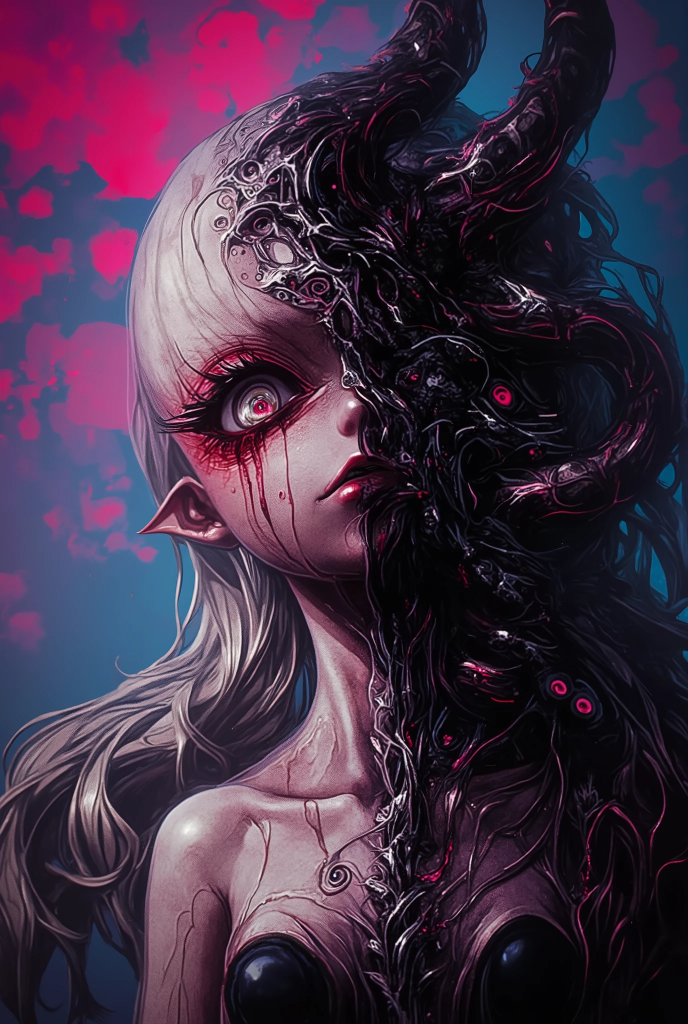 美少女にMimicryしたエイリアン,右半身のMimicryが解ける,Exoplanetary Life,Slimy, tentacles,Mimicry,Muscle tissue,Asymmetric,Savage Face,Pretty Girl and Devil's Face,8K,ultra fine,Studio Light,extreme detail,Vivid Color,Bokeh,fantasy,SF, horror,anime,Masterpiece,super precise,photo-like reality,delicate texture,Vivid Hues,Bokeh効果