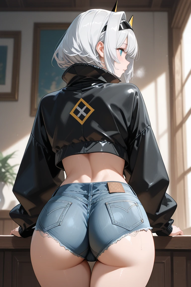 (masterpiece:1.2, best quality), 1lady, solo, shirt, (ass view), thong panti, (changing room), (pants down:1.15), white hair, shiny skin, taking off, bare back, off shoulder