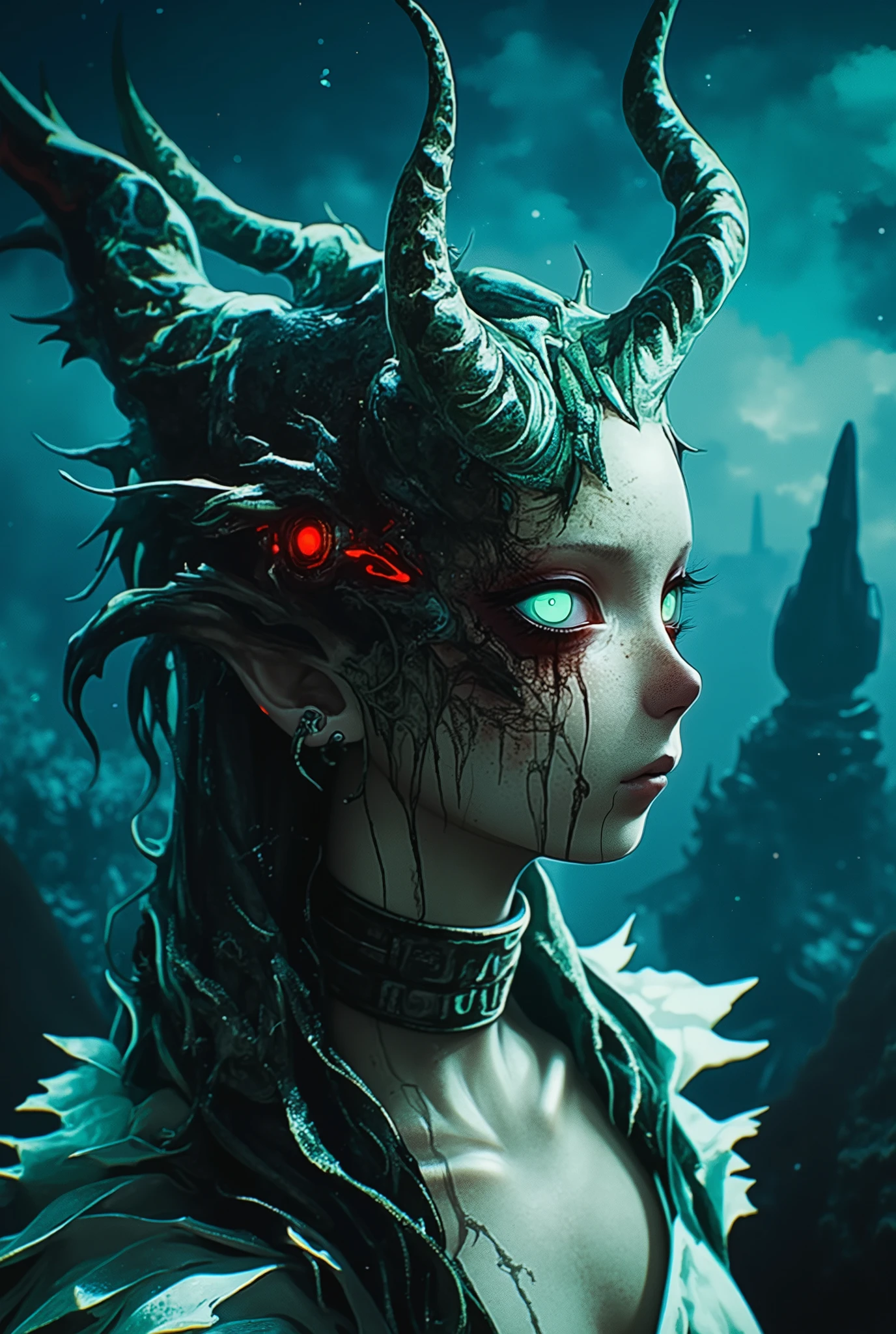 美少女にMimicryしたエイリアン,右半身のMimicryが解ける,Exoplanetary Life,Slimy, tentacles,Mimicry,Muscle tissue,Asymmetric,Savage Face,Pretty Girl and Devil's Face,8K,ultra fine,Studio Light,extreme detail,Vivid Color,Bokeh,fantasy,SF, horror,anime,Masterpiece,super precise,photo-like reality,delicate texture,Vivid Hues,Bokeh効果