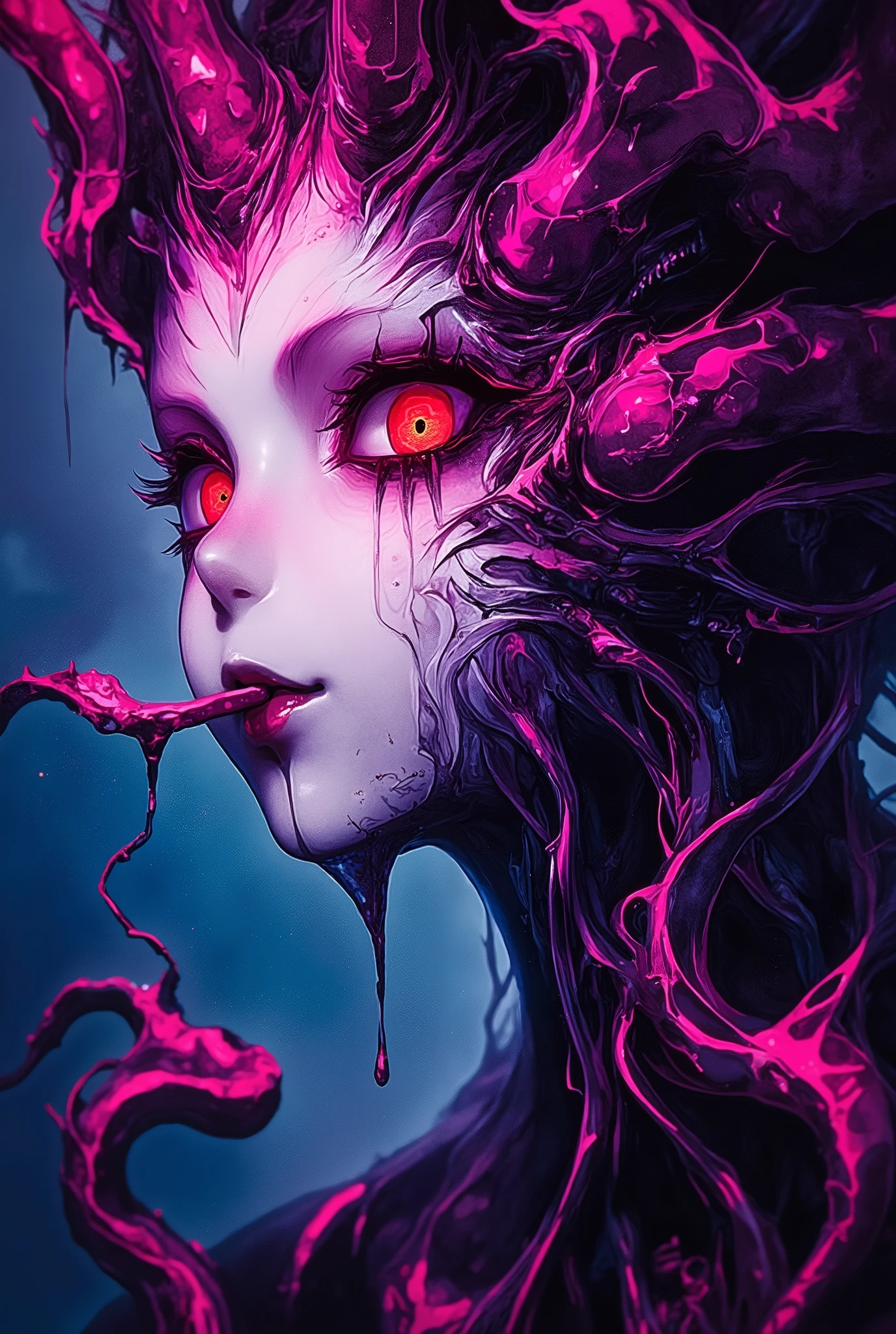 美少女にMimicryしたエイリアン,右半身のMimicryが解ける,Exoplanetary Life,Slimy, tentacles,Mimicry,Muscle tissue,Asymmetric,Savage Face,Pretty Girl and Devil's Face,8K,ultra fine,Studio Light,extreme detail,Vivid Color,Bokeh,fantasy,SF, horror,anime,Masterpiece,super precise,photo-like reality,delicate texture,Vivid Hues,Bokeh効果