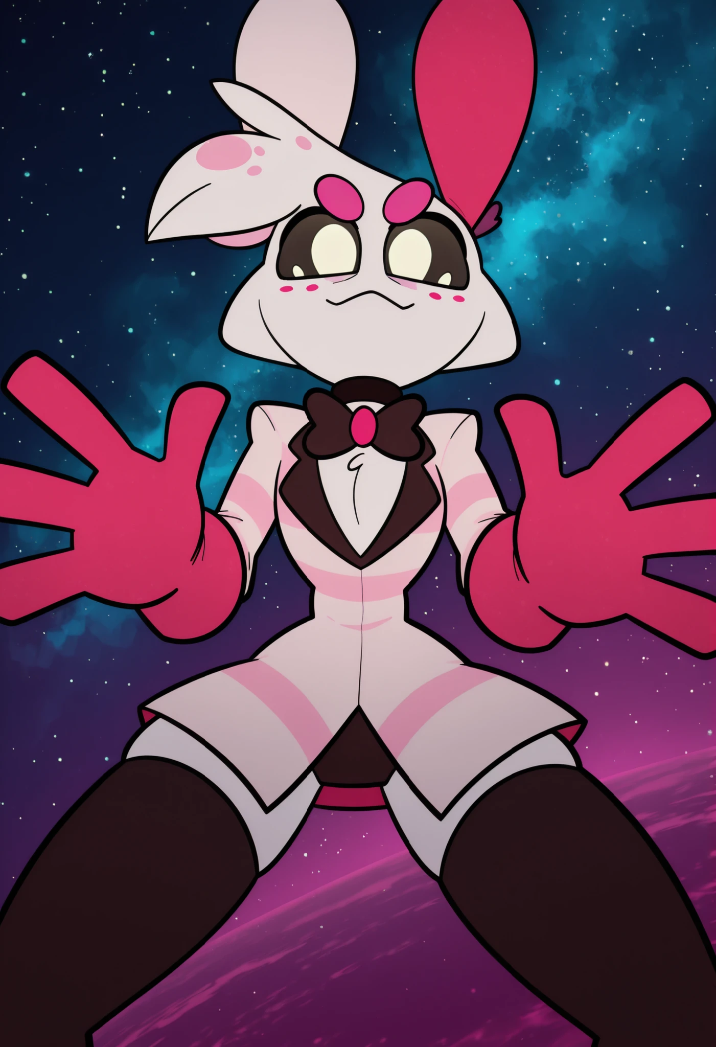 Dynamic angle, sploot,1girl,colored_sclera,white eyes,alien,antennae, space, nebula, angel dust, \(hazbin hotel\), anthro, male anthro, male anthro spider, freckles, pink body, light pink fur, light pink body, colored sclera, black sclera, white sclera, no pupils, (4 fingers:1.2), choker, bowtie, striped suit, white suit, red gloves, thigh boots, black thighhighs