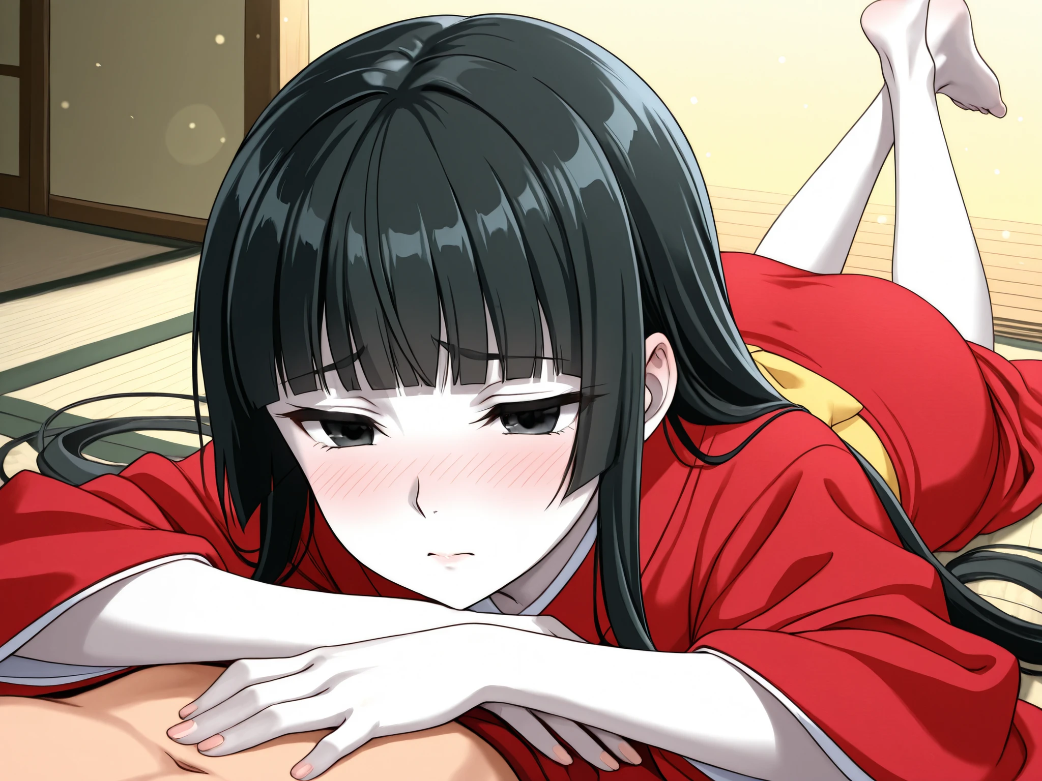 1 girl, beautiful girl,adult,18 years old,black eyes,narrow eyes,black hair, very long hair,blunt bangs,skinny,masterpiece,general,highres, ultra-detailed,very aesthetic,best quality ,best hands,best eyes,perfect anatomy,anime coloring,easynegative,kimono,long undergarment,anime style,white skin,washitsu,lying on tatami,whole body,barefoot,shy,watery eyes