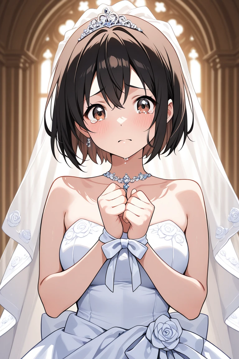 orgasm、feeling pleasure、(Sweat:1.3)、(white breath:1.2)、High resolution、beautiful dark blue eyes、1 girl、long black hair、(white wedding dress:2)、bed、cute anime illustration、perfect lighting、(A girl trembling at sexual climax:1.5)、(vaginal sex:1.4),lall fours (Ral Fords),(1 boy:1.3),(penis:1.3),NSFW,perfect anatomy、perfect fingers、perfect arms、perfect legs,Perfect tongue,love hotel,(heart-shaped pupil:1.2)