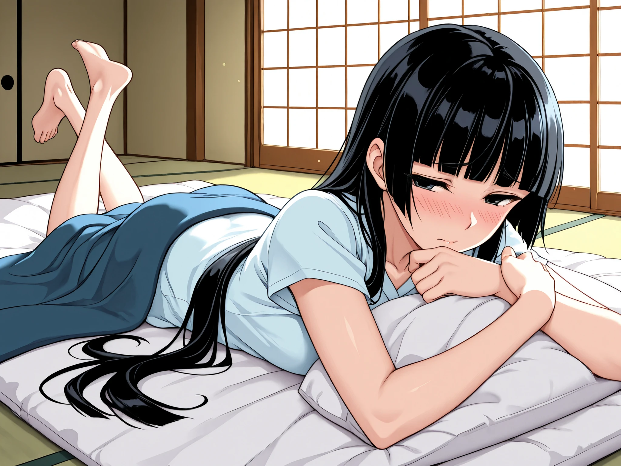 1 girl, beautiful girl,adult,18 years old,black eyes,narrow eyes,black hair, very long hair,blunt bangs,skinny,masterpiece,general,highres, ultra-detailed,very aesthetic,best quality ,best hands,best eyes,perfect anatomy,anime coloring,easynegative,long undergarment,futon,anime style,white skin,washitsu,lying on tatami,futon,whole body,barefoot,shy,watery eyes,