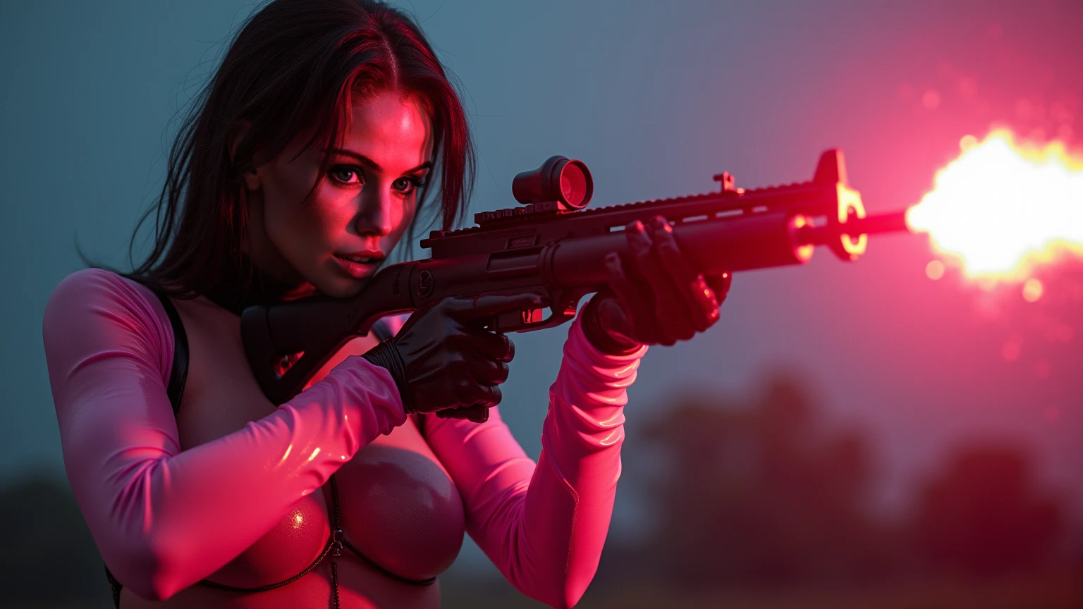 cinematic photo a woman with a rifle aiming, cyberpunk city, red neons lights, night  <lora:Quiet1024:0.7> . 35mm photograph, film, bokeh, professional, 4k, highly detailed