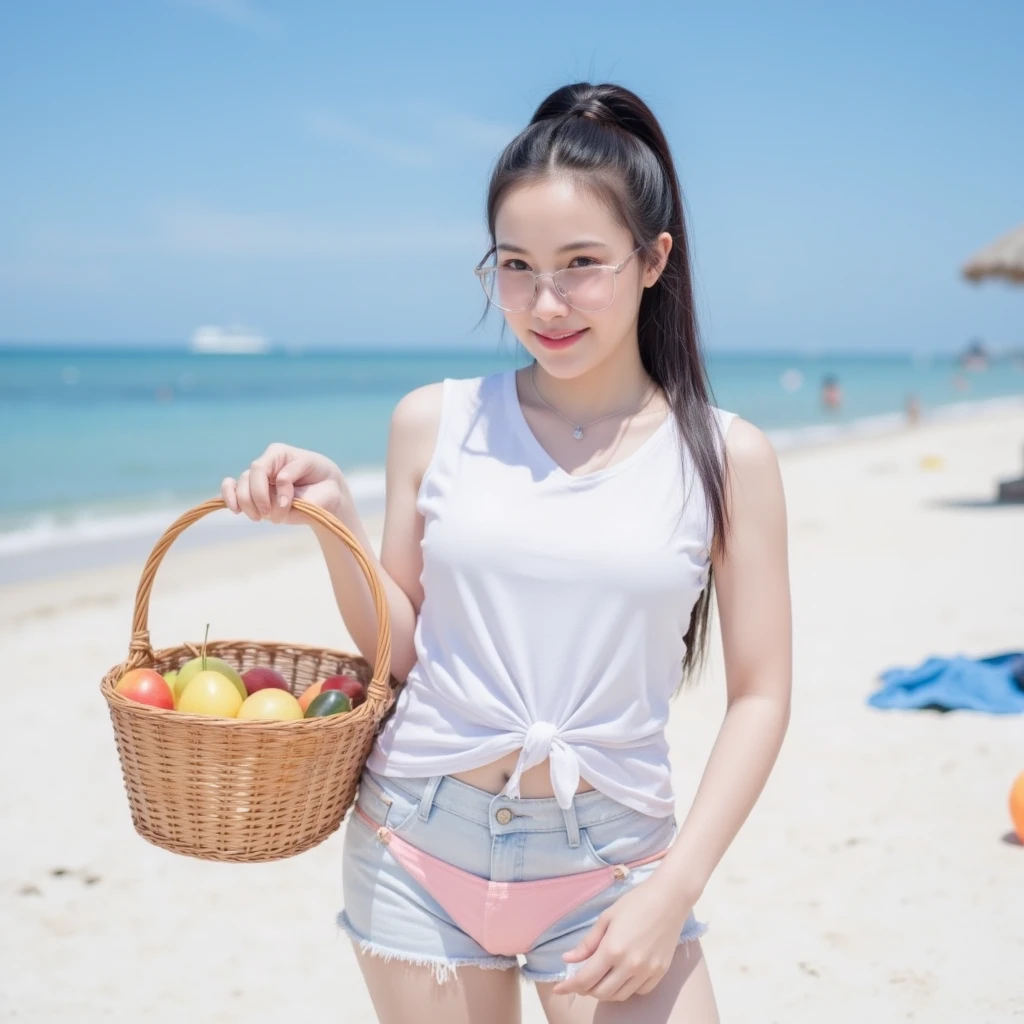 Realistic:1.2), 18yo Girl, open legs, (((at beautiful beach))), wears a casual t-shirt, holding a small snack on a plate, Perfect chest shape, (Happy expression, Standing: 1.2), hair ornaments, pale skin, looking at the viewer, small waist
