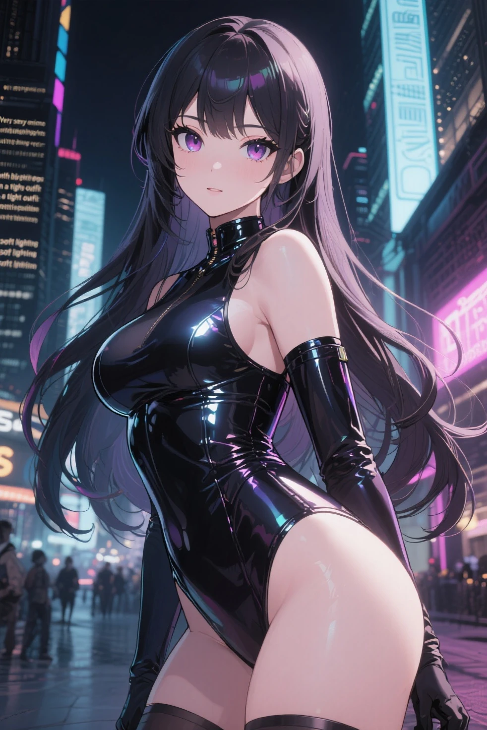 hight resolution, absurdres, best_Quality, Ultra_Detailled, 8K, extremely_clear, photo, beautiful, Beautiful face, Scharp Focus, HDR, 1girl, Clean eyes, very wide-eyed,((cyberpunk megacity background)), ((Liberty City)), ((sunny), hanabi, Beautiful face, standing , very seductive pose, very young, teen, latex bra, bare chest, black thong, SFW, Purple long hair with red ends, pierced ears, piercing, Komi Shouko, large breats
