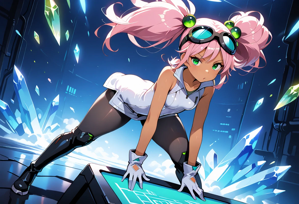 1girl, full body, Lovrina-inspired character, tan skin, vivid pink hair, very long pigtails, hair blowing, green eyes, looking at viewer, wearing a futuristic short dress (grey stomach, sleeveless), black pantyhose, grey thigh-high boots, white gloves, goggles on head, green bobble ornaments, visible collarbone, perfect face, glossy lips, thick thighs, flat breasts, in a futuristic tech lab, neon lighting, (8k, ultra-detailed, crystal clear quality), masterpiece, best quality, high contrast, cinematic lighting, moody atmosphere, dynamic angle, standing, powerful pose, close to viewer 