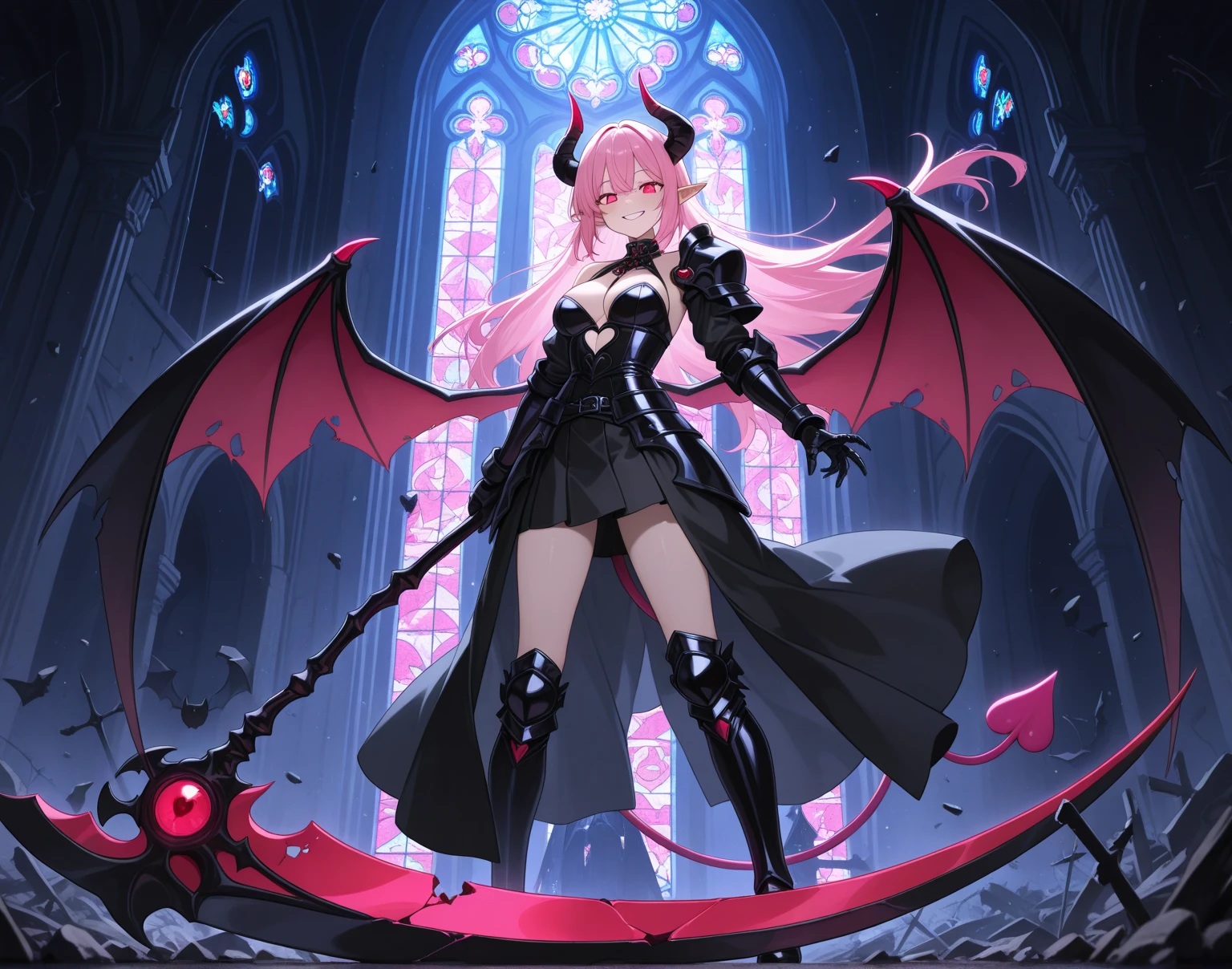 A demon woman with pink hair