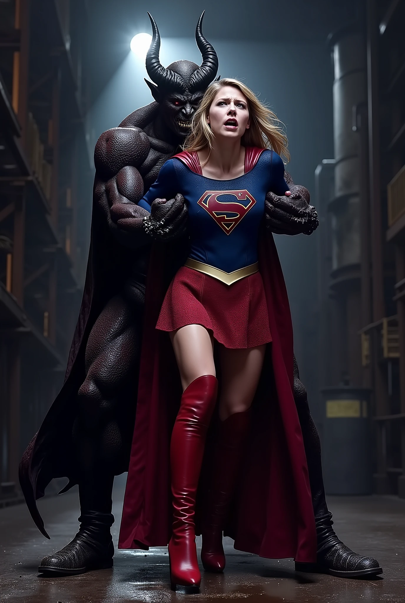 Melissa Benoist as Supergirl, (a very short skirt), she is nervous, arms behind her back, wearing a Supergirl costume, blue shirt and red short skirt, red high boots, she is sexual assaulted from behind by a huge devil, ((painful face)), (Supergirl is screaming in pain), The fierce devil is holding her arms tightly from behind, whole body from head to feet are visible, in the factory, night time, bright spot lighting,