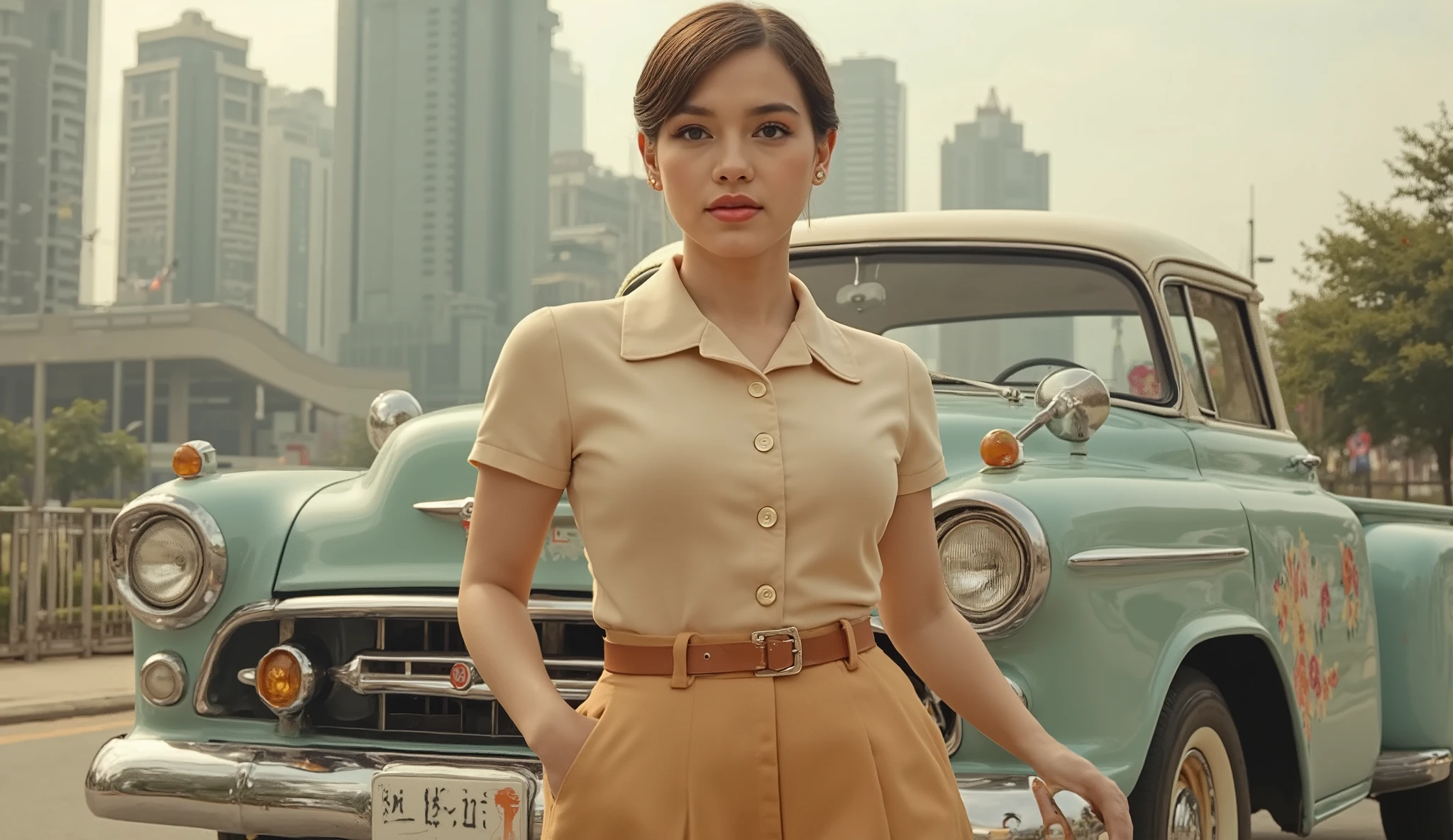 Set in the city of Jakarta in the 1950s. Young woman in 1950s-inspired clothing walks past a pickup truck; Caucasian woman, 20-25 years old, short brown hair, fair skin; pale complexion; wearing a beige button-down shirt, fitted, with a gold/bronze pleated midi skirt, gold/bronze belt; light gold color; confident pose; upright posture, looking straight ahead; urban setting, modern city skyline, mid-century modern style; light blue and pastel beige pickup truck, decorative floral motif; large, stylish modern skyscrapers in the background; bright golden sunlight; soft, filtered light; paved city street, light gray/beige; focal point: woman; camera angle: medium range, slightly tilted; vintage, retro style; dreamy, optimistic mood. 4k, HDR