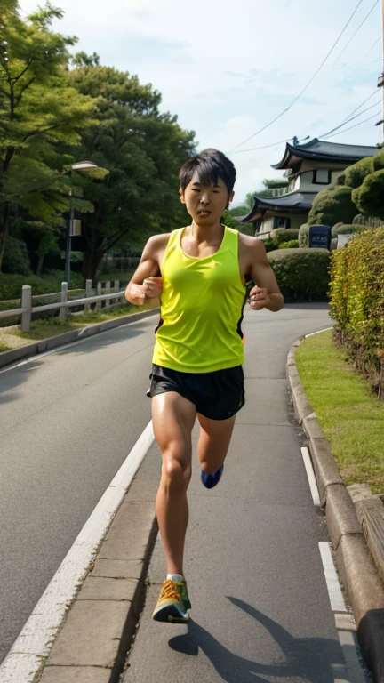 Cinematic Photo of a handsome japanese men 25-30 y.o fashion model, medium black hair. He is a runner. Wearing top tank. Running on the street on euro. Morning time