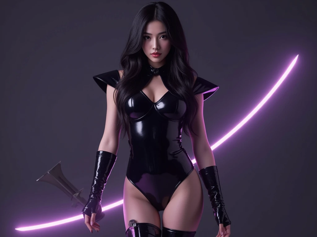 Femme de 25 ans, Chevalier, mythologie, armure de chevalier noire et violette, sexy, dans le royaume des enfers, trident en main