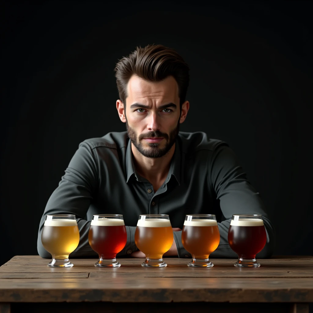 friends drinking beers at a bar table, relaxed, light and light atmosphere, someone makes notes about the tasting, no faces appear, rock 'n rool style, several beers on the table