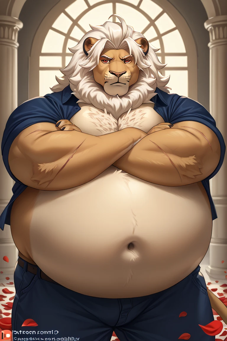 anthro, male, old chubby lion, brown body, middle-age, musclegut, (midnite blue long hair:1.3), (eyebrown scar, pink nose), blue eyes, blue facial hair, whiskers, (lion tail),bedroom, night, dim, detailed eyes, detailed background, hairy chest, (red heart pattern white boxers:1.5),(white open shirt:1.4),(loose necktie:1.2),lying in bed, bedroom eyes, smirk,lseductive smile,looking to the viewer, bird's-eye view,bedroom, indoors,(hi res, best quality, high quality, detailed, shaded, shading, masterpiece:),(by rossciaco, by adios)