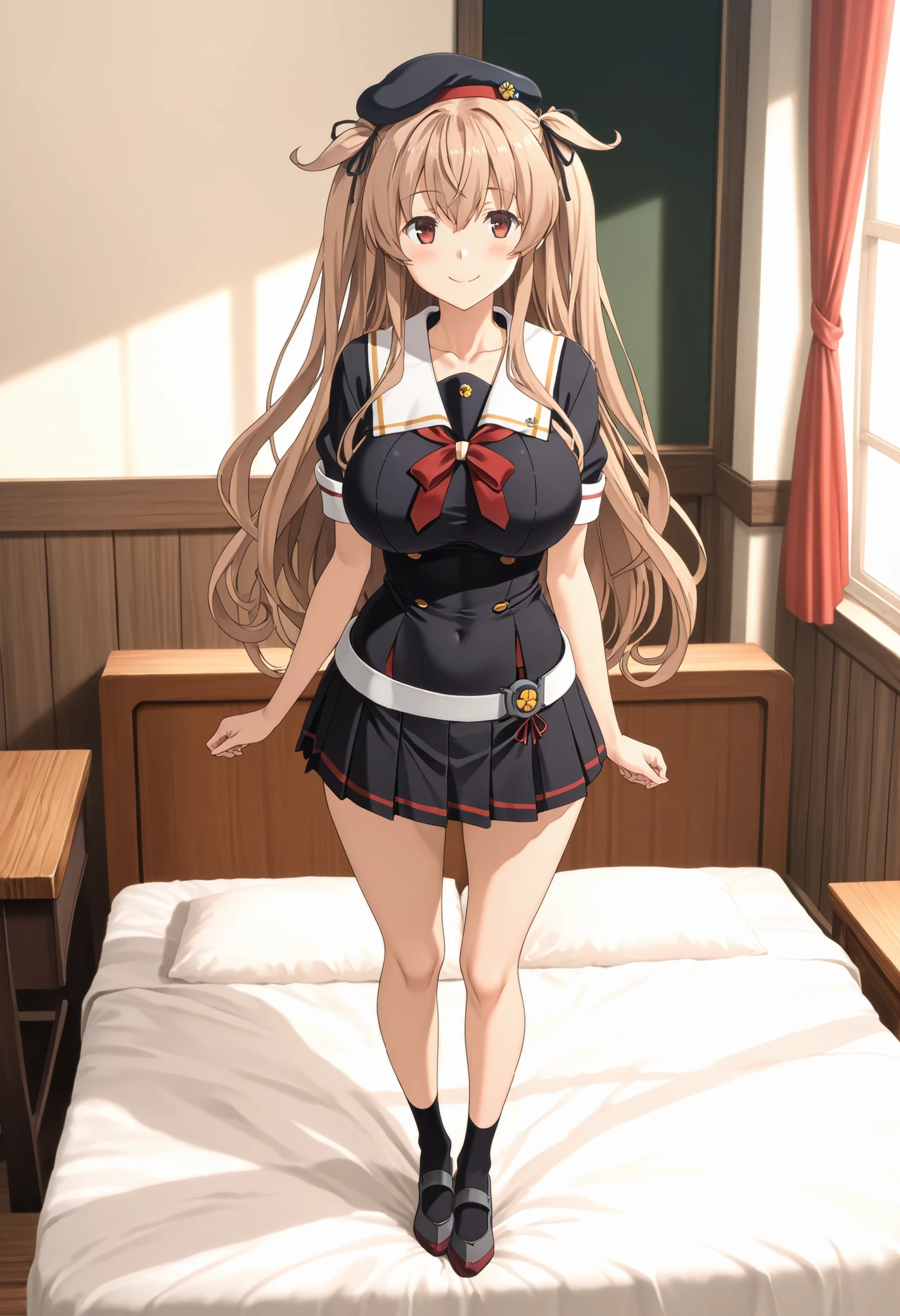 Highest Quality, masterpiece, high resolution, 1 girl on break day, Murasame (KANCOLLE)、(Murasame Kai Ni　Fleet Collection:1.15), long hair, light brown hair, brown eyes in the bedroom, Red Eyes, ribbon, smile, black sailor suit, pleated skirt, Black Berets, classroom background, Big Breasts, slender body,  full body shape , 