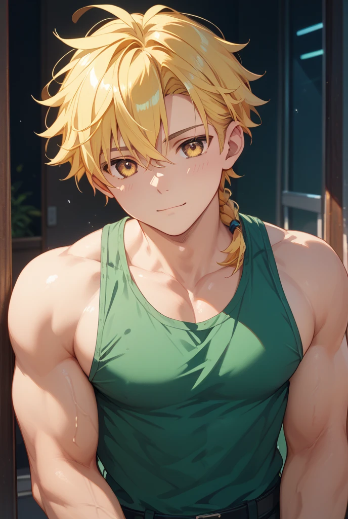 absurdres, highres, ultra detailed, HDR, master piece, ultra detailed picture, extremely detailed face and eyes, Vinsmoke Sanji, blonde hair, expressive blue eyes, One Piece, solo, sexy man, handsome, toned chest, pink flowers, park, fountain, pink trees, pink butterflies, black clothes