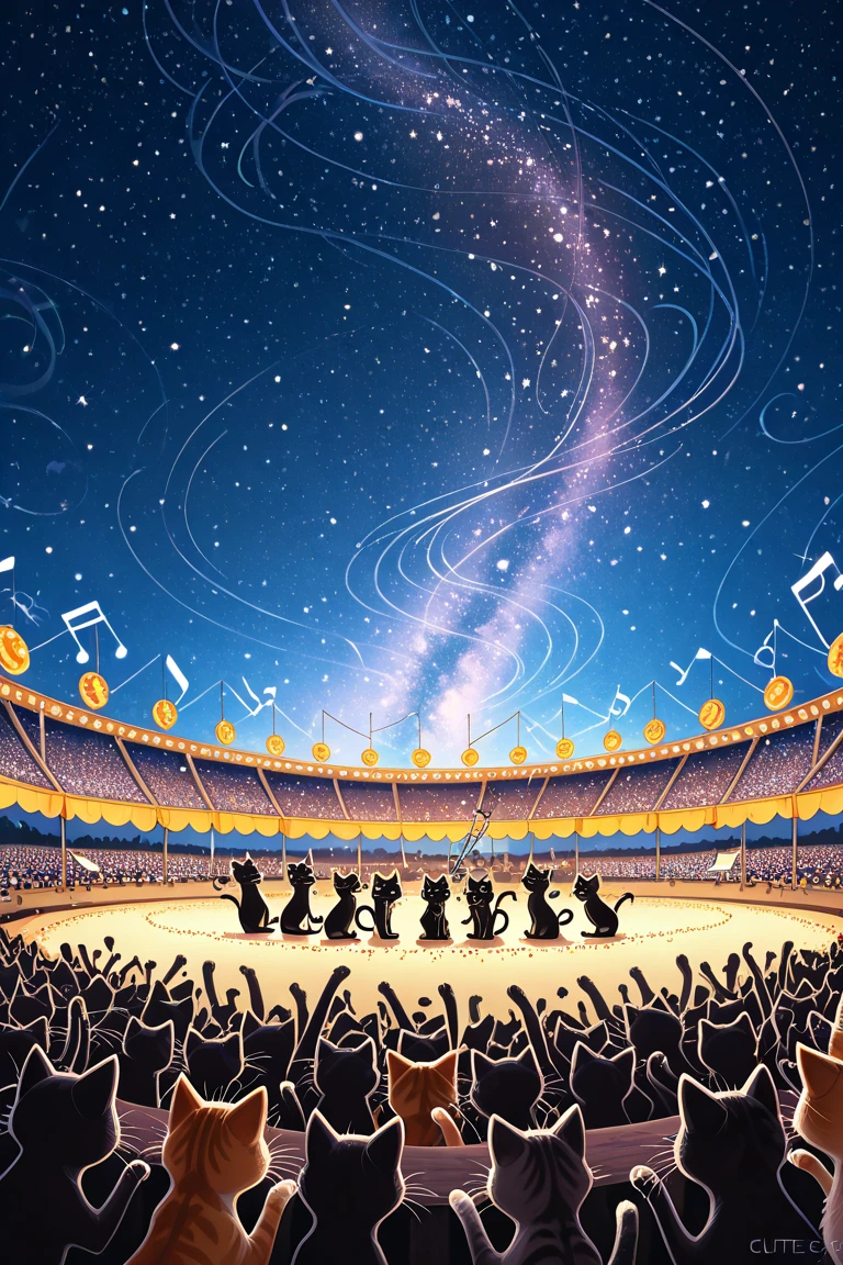 cat orchestra，Music Festival Under the Starry Sky，Little cats playing musical instruments，outdoor festival，Playing Music ，note，Cat Audience，Cat anthropomorphism，glitter，cute，fun atmosphere，festival