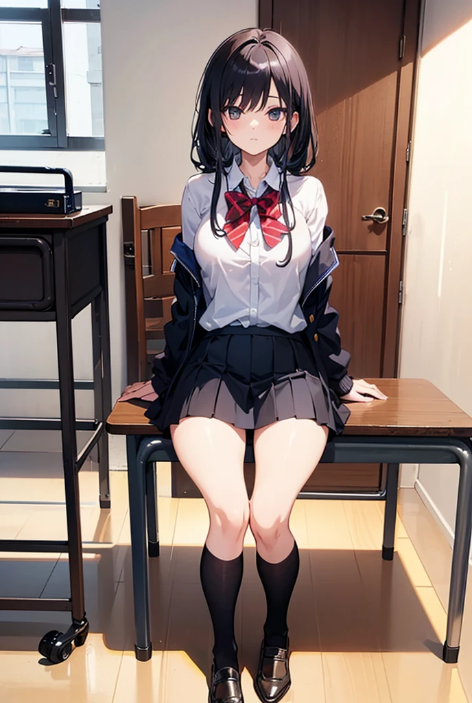 (1) There is a high school girl with beautiful legs., (She lifts up her skirt to show off her beautiful bare legs and panties:1.5),
(2) standing, I'Iは立って彼氏にパンツを見せています,
(3) A high school girl wearing a white collared shirt and a navy blue uniform blazer.、The skirt is a mini version of the gray uniform skirt..、(I am wearing loose socks on my feet.:1.5), She wears loafers、
(4) The visible pants are simple white cotton..,
(5) high school girl with brown ponytail, shining eyes, A provocative grin,
(6) The location is the high school courtyard..,
(7) highest quality, High resolution, realistic pictures, realistic skin,