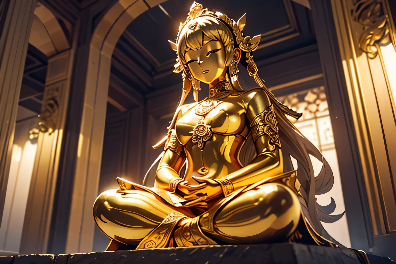 Ornate Golden Thousand Armed Kannon Statues, intricate decorations, multiple arms, , gentle expression, eyes closed, lotus position, Religious or Spiritual Themes, Majestic Temple Environment, Softly Illuminated , Warm Ambient Lighting, Rich Golden Tones, Calm and Reverent Atmosphere, slightly low angle perspective, Depth of Field Enhancing Sculptures, balanced exposure, Focused Shots Capturing Exquisite Craftsmanship