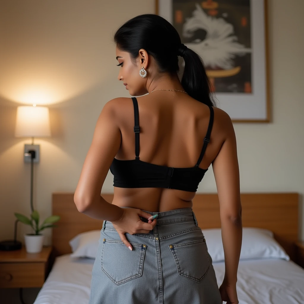 A photo from behind of a beautiful and sexy 25-year-old woman, black fur, clear skin, green eyes, big breasts, covered breasts, at home, dressed in tight shorts and crop top, pulling down his shorts, natural lighting and shadows, blurred background.