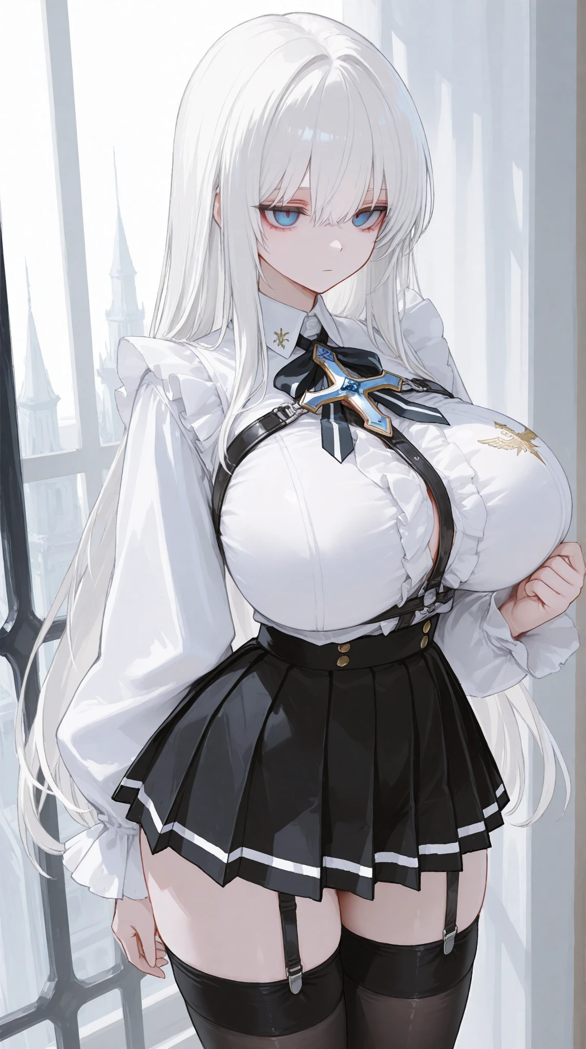 sexy Animated girl in a French Sister church outfit, exuding a seductive allure, sexy pose,stands before the hallowed walls of a majestic French church. She dons the elegant habit of a Good Sister,god, its pristine white fabric contrasting sharply with her bold, sultry expression. , entranced by her enchanting charm. This seductive animated girl is a trending sensation, celebrated as the best rated on Pixiv and Tendances sur ArtStation, making hearts race in the anime community. Hailing from the popular game Azur Lane, she embodies the style voie d'azur with her captivating presence, best lighting,beautiful lights, light effects