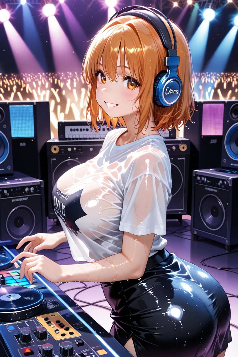 nsfw,(super fine illustration,8K CG wallpaper,best quality,extremely detailed,ultra high res,best aesthetic),(cowboy shot,from front),1girl, idolmaster, {{{haruna Kamijo}}}, (20yo, beautiful girl), (beautiful brown eyes),((((beautiful black hair)))), ((short hair)), (((bule rim glasses))), (wet hair), (wet skin), ((sweat)), ((steam)), (flat chests,midium breasts), (tall), (slender), (((((bule cyber suit))))), ((((see-through))),((open clothes)), ((pubic black hair:1.5)), ((((stage)))), ((((spread legs)))),((spread pussy:1.5)),(open mouths), (a big smile), ((stick out tongue)),(feel good), (one eye closed),((arms on the head),((((headset)))),(bukkake, cum on body:1.5),(bukkake, cum on face:1.1),((bukkake, cum on hair:1.2),(ecstacy),((((sex,cowgirl,pov)))),