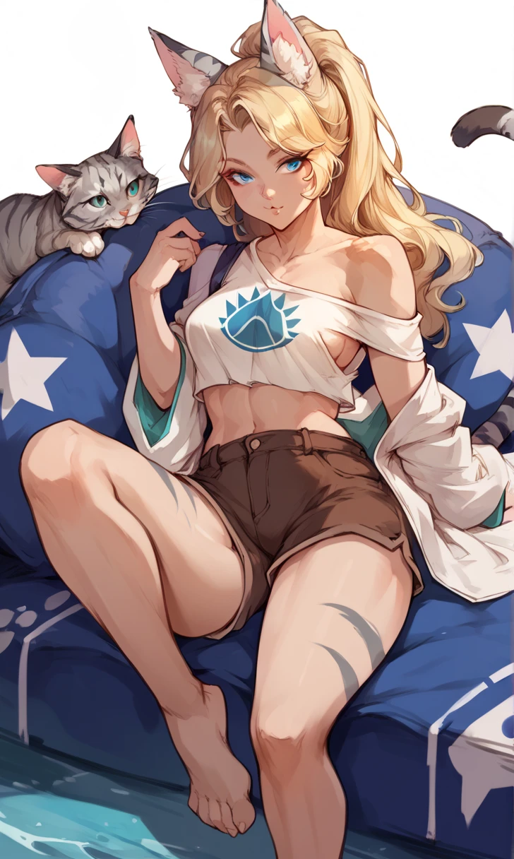Solo, score_9,score_8_up,score_7_up, source_furry, kat, Anthro furry feline, blonde hair, (ponytail hair), pink nose, :3, white whiskers, silver fur, grey stripes, furry body, wearing blue bandeau, brown short shorts, brown boots, on her knees, hands on her head, cowering, scared, hiding behind a rock, outdoors at night, fireworks in the background, low angle shot, screaming, tearing up, closed eyes