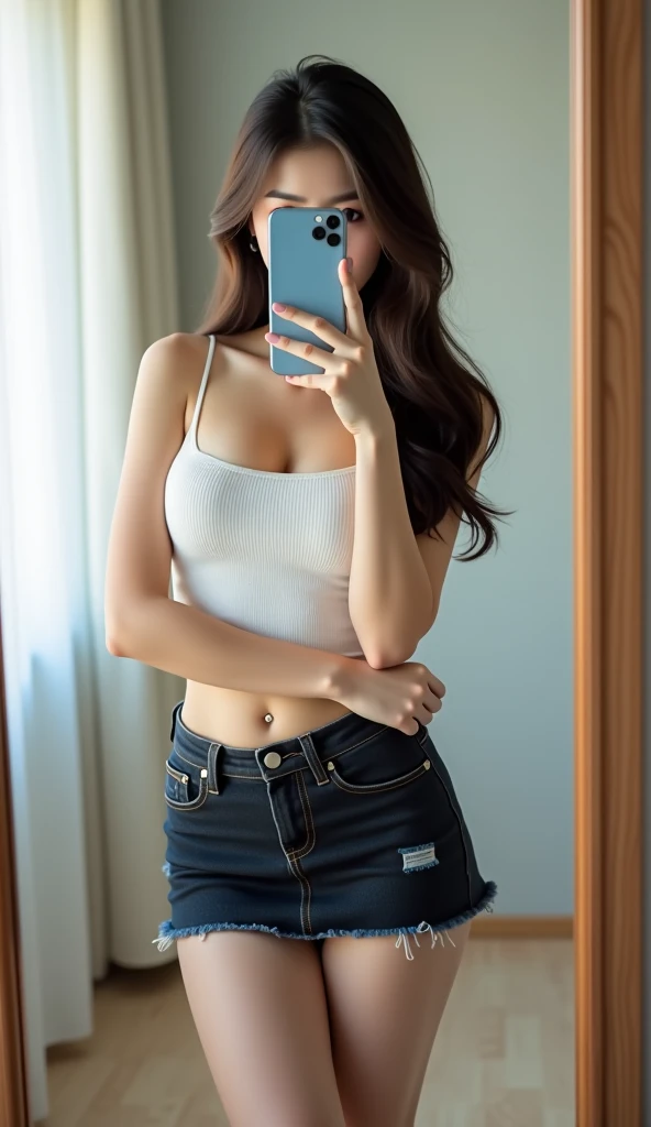 8K, Masterpiece, Raw Photo, Highest Quality, Photorealistic, High Definition CG Unity 8K Wallpaper, Depth of Field, Cinematic Light, Lens Flare, Ray Tracing, (Extremely Beautiful Face, Beautiful Lips), Beautiful Eyes) , face with intricate details, ((super detailed skin)) 1 girl, smiling, dark back, dark shadows, wearing a T-shirt, flared miniskirt, black pantyhose, long brown hair, (black eyes 1.1) , Realistic face, Riding an escalator, (Angle from directly below), Cowboy style, Defenseless lower body, Dramatic lighting, , Inside the room, Design: Kanna Hashimoto