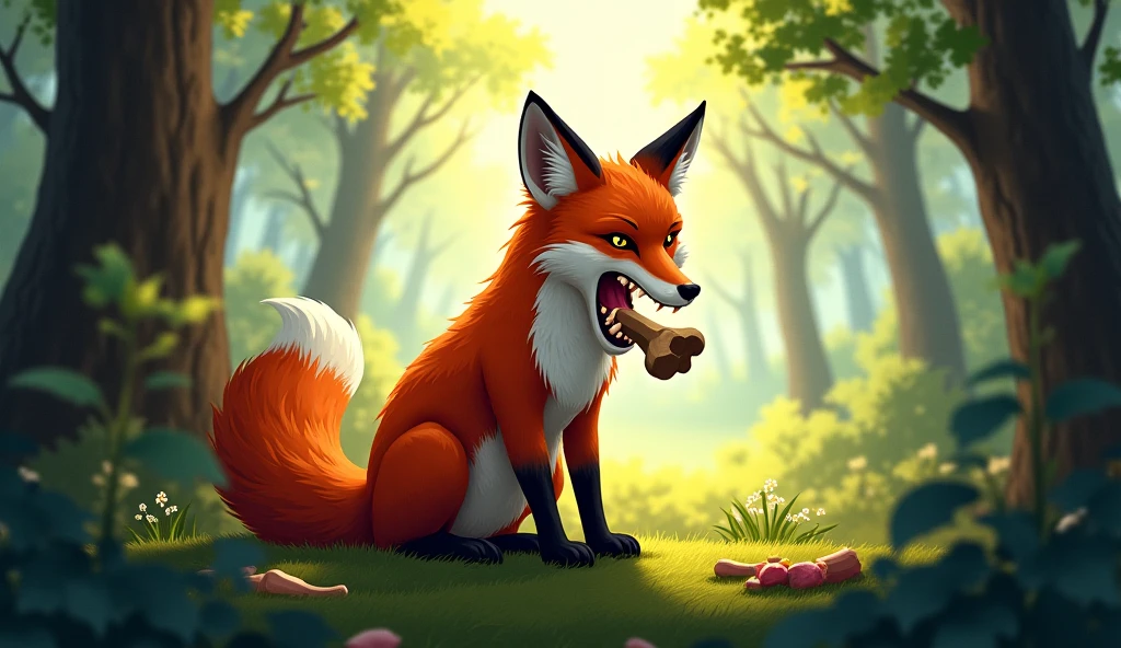"After several unsuccessful attempts, the fox sits back, panting with frustration. He glares at the grapes, his hunger turning to annoyance."