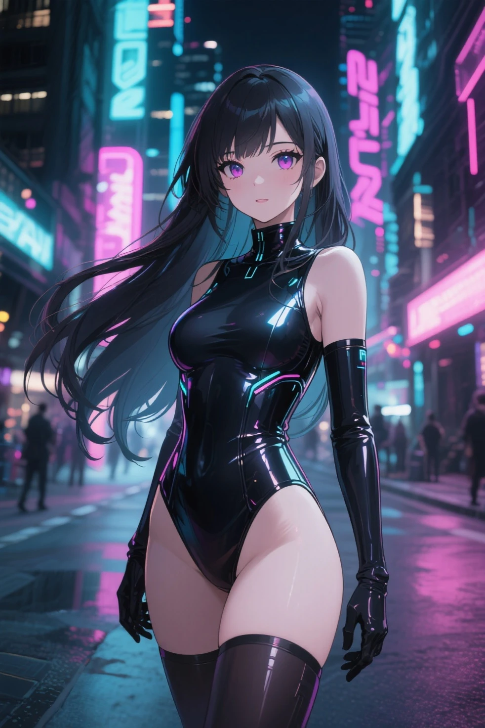 ((Girls and couples: 1.3)), Top quality, Super high resolution, Cute, (KPOP idol), (Long twin tails), (Light purple hair: 1), ((Big eyes)), Staring at you,
BREAK ((upper body: 1.3)), front view, a character with long flowing silver hair, a slender physique, and a black and white costume with thigh-high boots and gloves. Walking down a dark street with neon lights in the back alleys of Shibuya, Tokyo at night.
