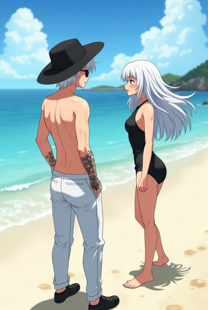 Personagens de Dragon Ball na praia, man looking at the sea and a pretty girl in a bikini next to him, corpo perfeito 