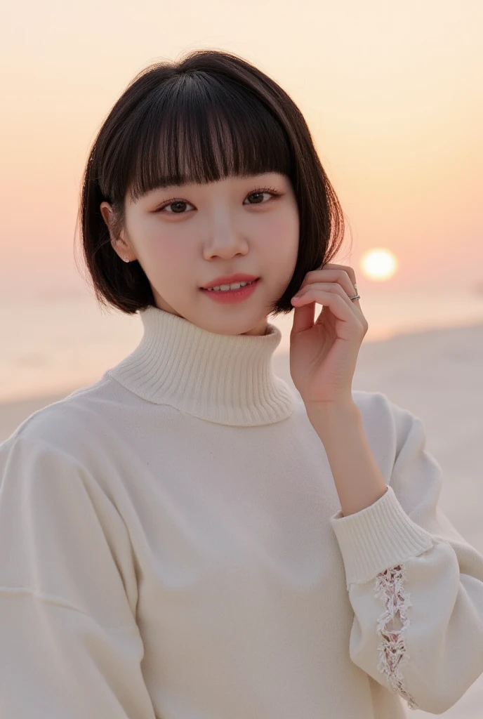 Coastal beauty, 1 girl, (short hair), school uniform, (big eyes, thin face, white skin, carefree expression), beach background, lighthouse, soft sea breeze, playful pose, dynamic composition, blurred background, rich colors, fine details, 50mm lens, relaxed atmosphere. Portrait photography, 35mm film, natural blur beautiful and clear eyes, simple blurred background, extreme detail description, beautiful, charming, super fine painting, delicate face, delicate figure, fine collarbone, cute lips, (8k, RAW photo, best quality, masterpiece: 1.2), (realistic, photorealistic photo: 1.37), holding a teddy bear in both hands