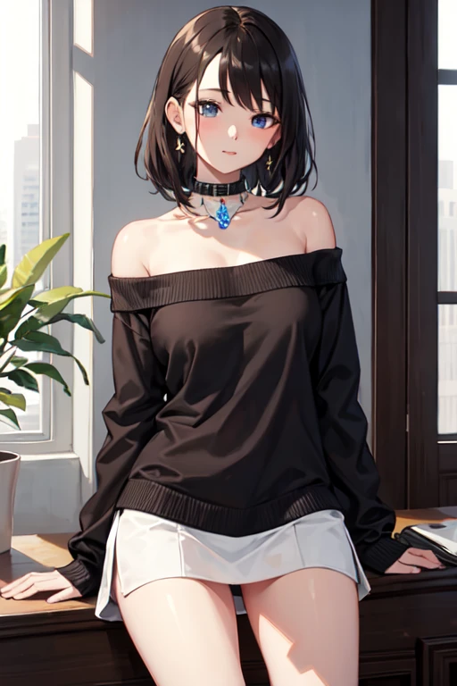 ((Highest quality)), ((masterpiece)), (detailed), One girl, Off-the-shoulder sweater,