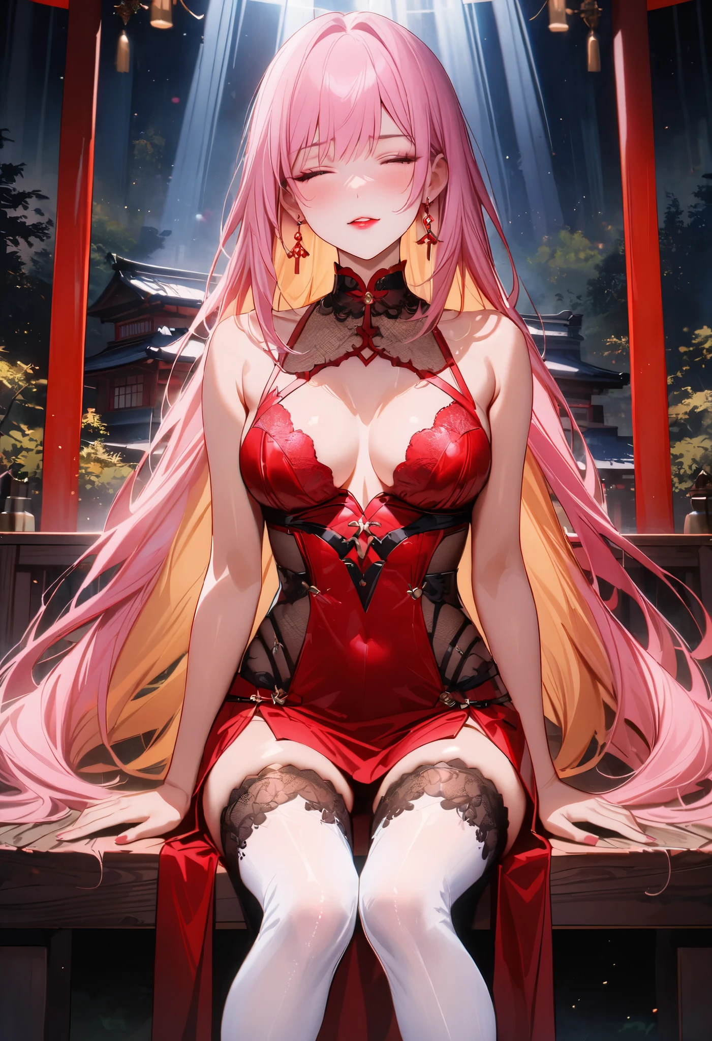 Long pink hair, red eyes, sexy short dress, large breasts, moon castle
