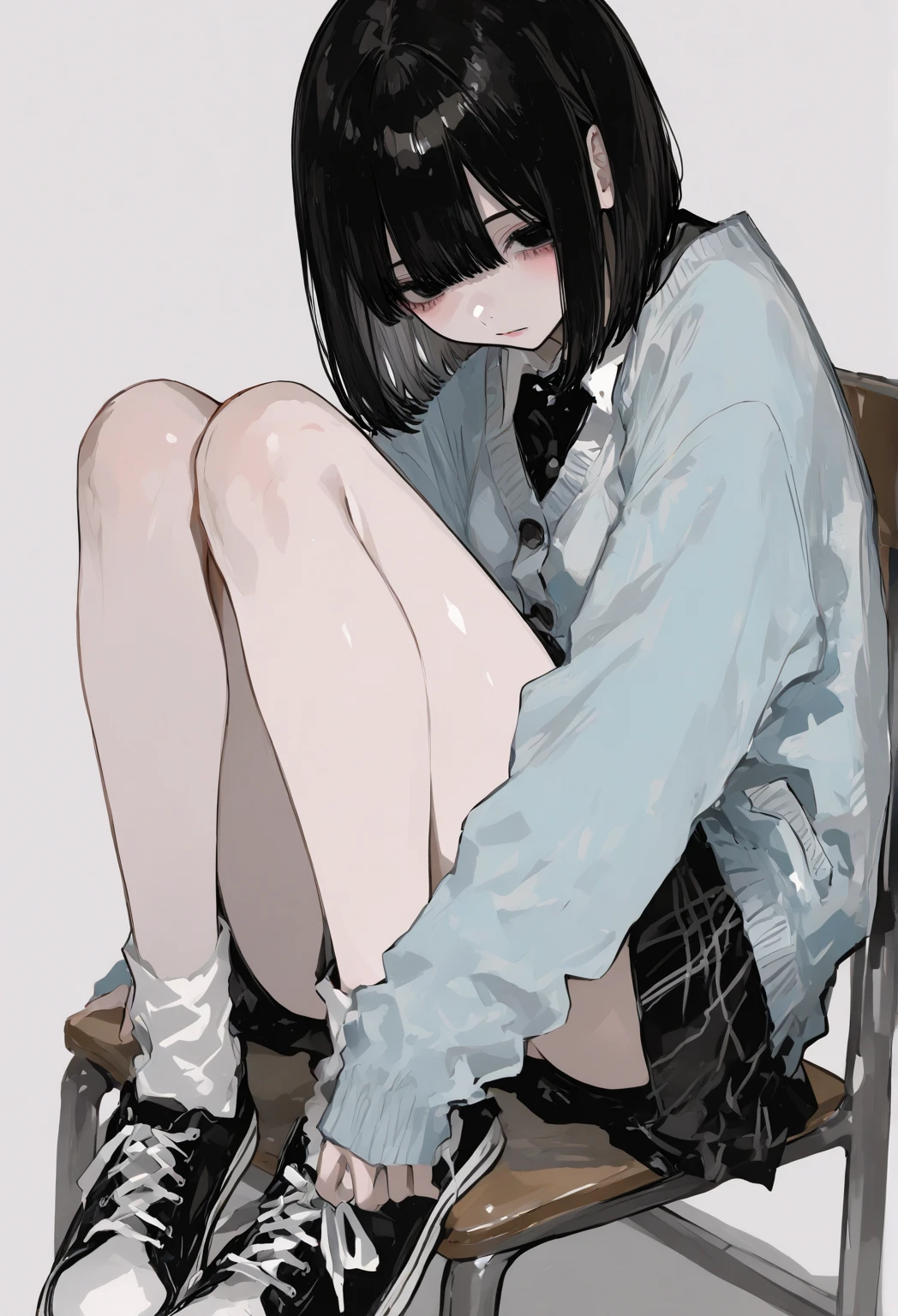 there is a woman sitting on the ground wearing boots, white puffy outfit, chiho, ☁🌪🌙👩🏾, in white clothes, white monochrome color!!!!!, white!!, 8k!!, with short hair, e - girl, e-girl, h. u. d, the anime girl is crouching, けものHD, (Best Detail), (Best Quality), ink painting, (Chinese style), detailed and delicate face, serafuku,