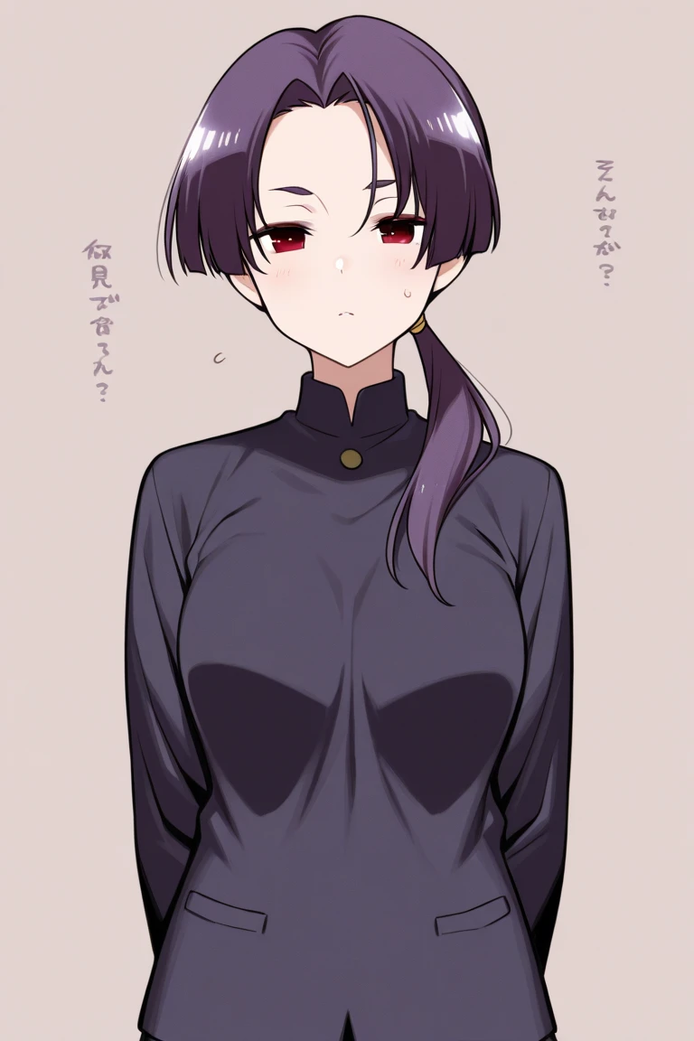 looking at the camera、When I Look at You、lookatviewer、Anime Style、1 girl, (Huge breasts:1.2), (Black vertical sweater)、Low Angle、Black-haired、blush, whole body,Round Breasts、smile、In the heat、(Sweat:1.5)、whole body